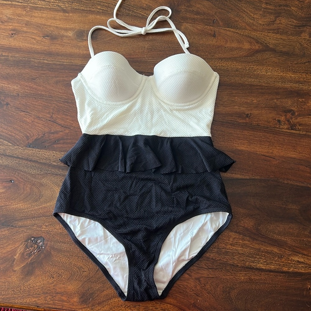 Topshop Two-Tone White and Black Peplum One-Piece Swimsuit